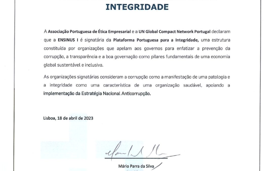 Certificado Plataforma Portuguesa para a Integridade